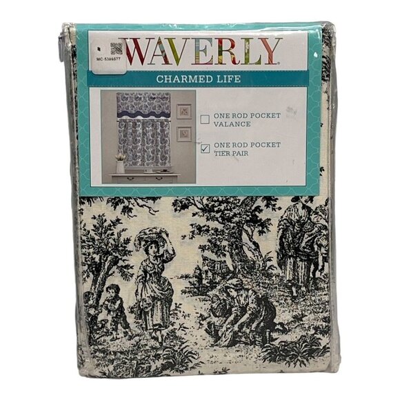 Waverly Charmed Life Black Tier Pair 52x36" Onyx Toile Choiserie Cotton Curtains - Picture 4 of 6